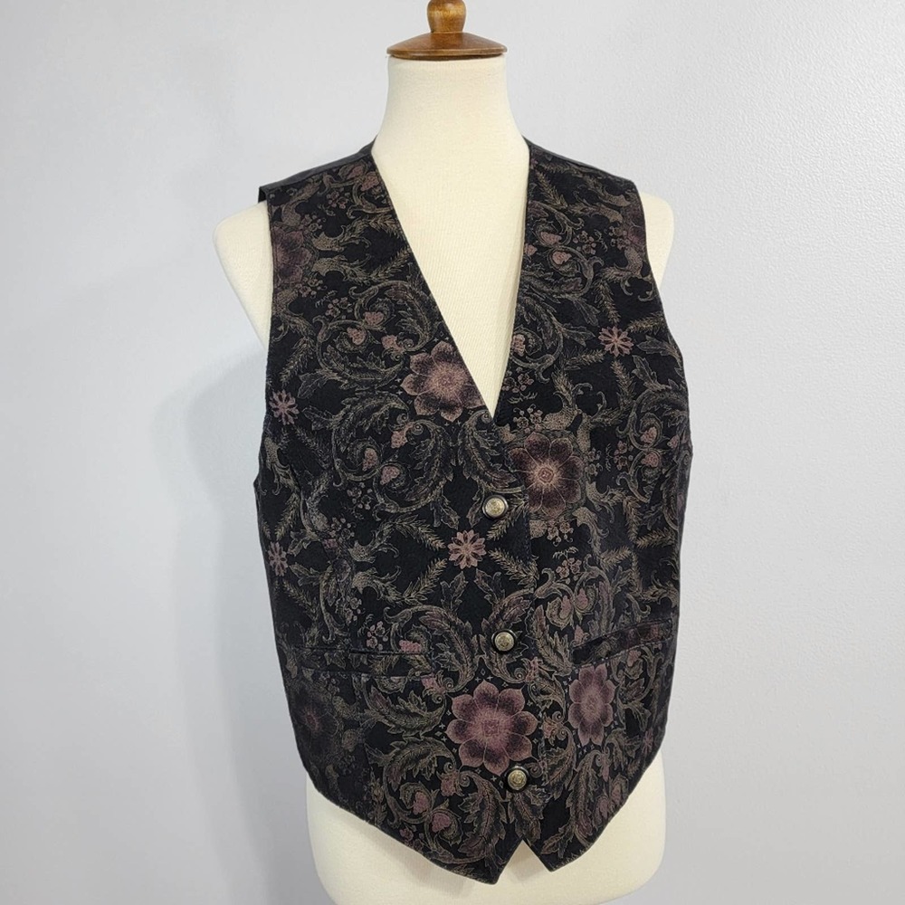 Vintage Leather Black Vest With Plum And Gold Floral And Paisley Details